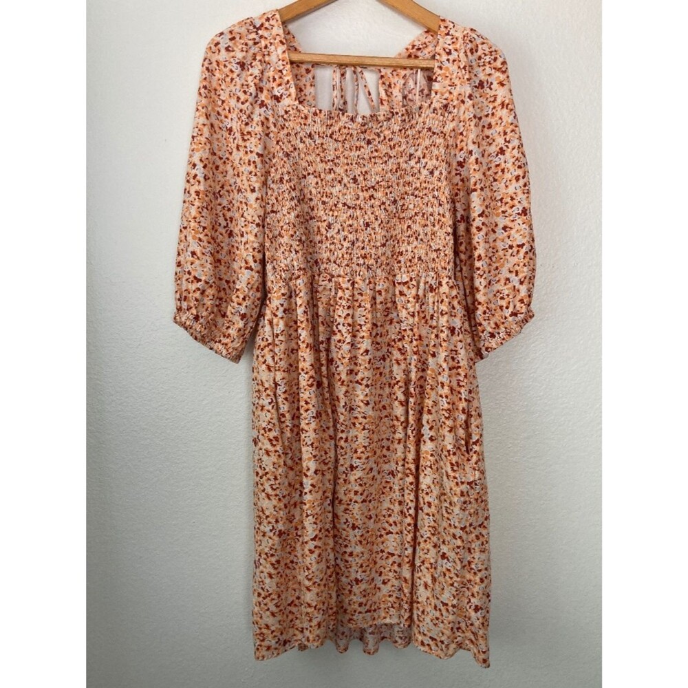 Ava & Viv 1X Floral Midi Dress Smocked Cotton Puff Sleeve Cottage Garden Floral